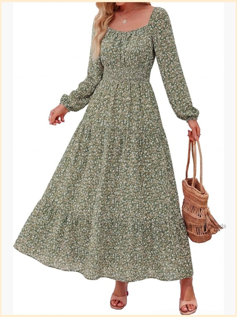 Long Sleeve Square Neck Smocked Empire Waist A-Line Maxi Dress